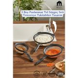Muf Home Qlux Ideas 3 Boy Paslanmaz Tel Süzgeç Seti Tencereye Takılabilen Tasarım Makarna Süzgeci Elek-Kevgir