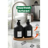 MUF HOME QLUX IDEAS Ahşap Standlı 2'li Siyah Cam Sıvı Sabunluk Seti- Mutfak Bulaşık Deterjanı ve El Sabunluğu