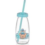 Muf Home Sleepy Bear Sütlük 250ML Cam Pipetli Içecek-Süt Şişesi Ayıcık Figürlü Pipetli Cam Süt Şişesi - Mavi