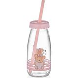 Muf Home Sleepy Bear Sütlük 250ML Cam Pipetli Içecek-Süt Şişesi Ayıcık Figürlü Pipetli Cam Süt Şişesi - Pembe