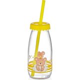 Muf Home Sleepy Bear Sütlük 250ML Cam Pipetli Içecek-Süt Şişesi Ayıcık Figürlü Pipetli Cam Süt Şişesi - Sarı