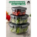 MUF HOME Tam Vakumlu Hava Geçirmez Sızdırmaz Siyah Şeffaf Gövde Kilitli Saklama Kabı 3'lü Set (1400ML 800ML 400ML)- Bpa Free