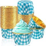 Muffin Kek Kapsülü Kare Desenli Mavi-Altın 25LI
