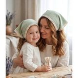 Mufin Collection Anne Kız Kombin Üçgen Muslin Bandana | Dantelli – Pamuklu Kumaş - Yeşil
