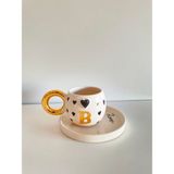 Mug Tasarım 24 K Altın Yaldız Double El Yapımı Seramik Türk Kahvesi Fincanı - B Harfi - Siyah