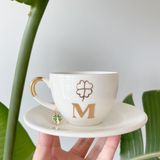 Mug Tasarım 24K Altın Yaldızlı Yonca Küpeli Porselen Nescafe Fincanı