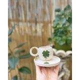 Mug Tasarım 24K Altın Yaldızlı Yoncalı Double Türk Kahvesi Fincanı - Küpe Yeşil Yonca Gelmiştir.
