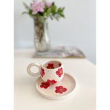 Mug Tasarım El Yapımı ve Boyaması Vintage Kırmızı Çiçekli Double Türk Kahvesi Fincanı - 1 Adet - 140 ml - Krem