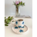 Mug Tasarım El Yapımı ve Boyaması Vintage Mavi Çiçekli Double Türk Kahvesi Fincanı - 1 Adet - 140 ml - Krem