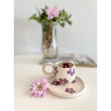 Mug Tasarım El Yapımı ve Boyaması Vintage Mor Çiçekli Double Türk Kahvesi Fincanı - 1 Adet - 140 ml - Krem