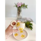 Mug Tasarım El Yapımı ve Boyaması Vintage Sarı Çiçekli Double Türk Kahvesi Fincanı - 1 Adet - 140 ml - Krem