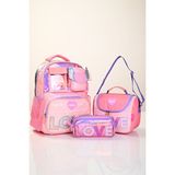 Muggle 5780 Kız Çocuk Pembe 3’lü Okul Seti (Büyük Çanta + Beslenme Çantası + Kalemlik) – Love Desenli - sırt çanta - 38 cm x 28 cm x 12 cm