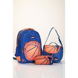 Muggle 5880 Basketbol Temalı 3’lü Okul Çanta Seti (Sırt Çantası + Beslenme Çantası + Kalemlik) – Mavi Turuncu - Mavi - Turuncu - 38 cm x 28 cm x 12 cm