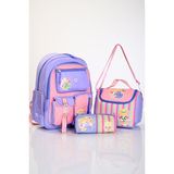 Muggle MU-5917 Kawaii Bear Mor Pembe Çizgili Okul Çanta Seti 3'lü – Sırt Çantası, Beslenme Çantası ve Kalemlik