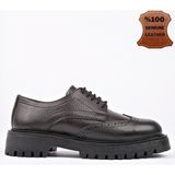 Muggo Amour Bağcıklı Hakiki Deri Kalın Taban Günlük Casual Makosen Kadın Loafer Ayakkabı - Kahverengi