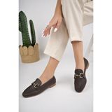 Muggo Liza Garantili Metal Tokalı Kadın Loafer Günlük Ayakkabı - Kahverengi