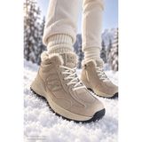 Muggo Nortex Kürklü Fermuarlı Kalın Taban Bağcıklı Kışlık Kadın Sneaker Bot - Bej