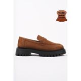 Muggo Paradise Hakiki Deri Kalın Taban Günlük Casual Makosen Kadın Loafer Ayakkabı Taba Süet