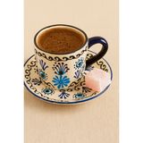 Mugusa Hediyelik El Yapımı Çini Seramik Kabartma Desenli Nazar Motif 2' Li Kahve Fincanı Seti / Çeyizlik - 99 ml - Lacivert - Beyaz