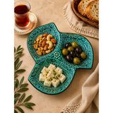 Mugusa Hediyelik El Yapımı Çini Seramik Kabartma Desenli Yaprak Model Firuze / Mavi Çerezlik - Kahvaltılık - Sunum Tabağı / Çeyizlik