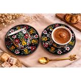 Mugusa Hediyelik El Yapımı Çini Seramik Türk Kahvesi Fincanı Takımı - Siyah - Siyah - Beyaz - Kırmızı - Sarı