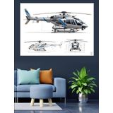 Mühendislik Çizimli Helikopter Dekoratif Kanvas - Mdf Ahşap Tablo