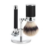 Mühle Geleneksel Tıraş Seti, 3 Parçalı, Silvertip Fiber Tıraş Fırçası, Açık Taraklı Tıraş Makinesi, Stand - Metal Saplar, Krom Kaplama/Siyah
