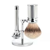 Mühle Geleneksel Tıraş Seti - Gümüş Uçlu Porsuk Tıraş Fırçası, Açık Taraklı Tıraş Makinesi Ve Krom Kaplamalı Metalden Yapılmış Stand