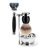 Mühle Kaseli Tıraş Seti - Sophist Serisi 4 Parça - Gümüş Uçlu Porsuk - Gillette Bıçaklı - Siyah Değerli Reçine