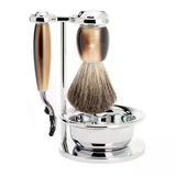 Mühle Kaseli Tıraş Seti - Vivo Serisi - Porsuk Kılı - Gillette Bıçaklarıyla Uyumlu - Değerli Reçine Boynuz Kahverengi