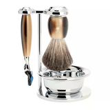 Mühle Kaseli Tıraş Seti - Vivo Serisi - Saf Porsuk Kılı - Gillette Bıçaklarıyla Uyumlu - Değerli Reçine Boynuz Kahverengi