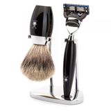 Mühle Kosmo Tıraş Seti - Porsuk Kılı Tıraş Fırçası, Gillette Bıçaklarla Uyumlu Tıraş Makinesi, Tutucu, Siyah Değerli Reçine Saplar