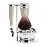 Mühle Rytmo Tıraş Seti - Gillette Bıçakları İçin, Siyah Elyaf Fırça, Hazneli Tutucu - Değerli Reçine Sap, Melanj Bej - Vegan