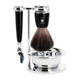 Mühle Rytmo Tıraş Seti - Kase, Siyah Elyaf Fırça, Gillette Bıçaklarıyla Uyumlu Tıraş Makinesi, Stand, Değerli Reçine Saplar