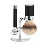 Mühle Tıraş Seti, 3 Parça, Gümüş Uçlu Porsuklu Tıraş Fırçası, El Yapımı, Tıraş Bıçağı (Açık Taraklı), Klasik Tıraş Bıçağıyla Uyumlu, Metal Stand Ve Saplar, Krom Kaplama/Siyah