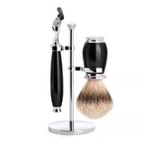 Mühle Tıraş Seti - Purist Serisi - Gümüş Uçlu Porsuk Yolucu - Gillette Bıçaklarıyla Uyumlu - Siyah Değerli Reçine