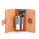 Mühle Travel Seyahat Seti - Silvertip Fiber Fırça, Gillette Bıçaklarla Uyumlu Tıraş Makinesi, Kahverengi Deri Çanta - Krom Kaplama Metal Sap