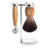 Mühle Vivo Tıraş Seti - Siyah Fiber Tıraş Fırçası, Tıraş Bıçağı, Stand - Zeytin Ağacı Saplar Ve Metal Detaylar - Vegan