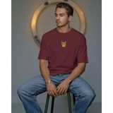Muhtar Store Erkek Sarman Kedi Baskılı Oversize Tişört – Minimal Turuncu Kedi Tasarım - Bordo - 2XL