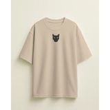 Muhtar Store Erkek Siyah Kedi Baskılı Oversize Tişört – Minimal Black Cat Tasarım - Bej - 2XL