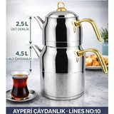 Muhtelif Lines Ayperi L-3040 Mega Boy Çaydanlık No:10 Paslanmaz Çelik Büyük Boy Çaydanlık Takımı 2.5 L + 4.5 L Gold Saplı