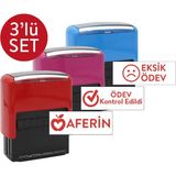 Mühürce 3'lü Set Öğretmen Kaşesi - Aferin, Eksik Ödev, Ödev Kontrol Edildi 40x16mm Renkli