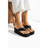MÜJERİL'S Kadın Yüksek Platform Siyah Deri Görünümlü Parmak Arası Plaj Terlik Kadın Terlik Flip Flops