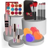 Müjgan 9'lu Glitter Kırmızı Içerik Far + 7'li Metal Kutulu Fırça Seti + Long Sansation Maskara + Magic Dudak Nemlendirici + 4'lü Kalp Şekilli Renkli Makyaj Süngeri
