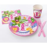 Muka 1 Yaş Lüks Kullan At Set Karton Tabak-Karton Bardak-Kağıt Peçete-Plastik Çatal-Bıçak 16 Kişilik 96 Parça - Pembe
