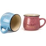 Mukko Home 2'Li Emaye Görünümlü Porselen Kupa Seti Good Morning Gold Yazılı 150 Ml,Pembe & Mavi