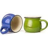 Mukko Home 2'Li Emaye Görünümlü Renkli Porselen Kupa Seti Good Morning Gold Yazılı 250 Ml,Mavi & Yeşil
