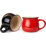 Mukko Home 2'Li Emaye Görünümlü Renkli Porselen Kupa Seti Good Morning Gold Yazılı 250 Ml,Siyah & Kırmızı