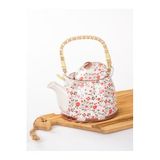 MUKKO HOME Hasır Saplı Porselen Demlik Çiçek Desenli, 900ml Çay , Kahve , Bitki çayı Sunum FAN21