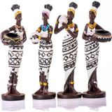 Mukko Home Siyah Beyaz Küp Taşıyan 4'Lü Afrikalı Kadın Biblo Seti - Polyester Dekoratif Figür
